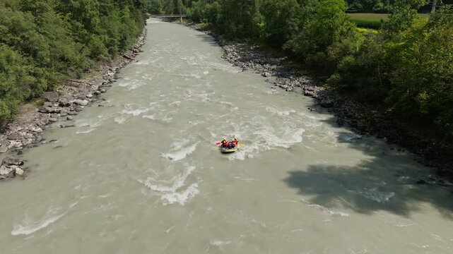 Aerial panorama of rafting excursion through alpine river rapids in Austria showcasing outdoor adventure and active tourism in Tyrol