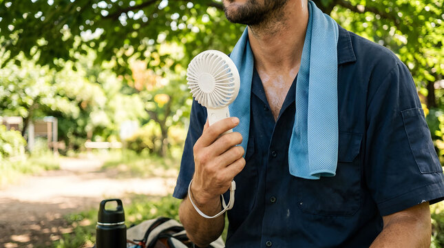 Heat exhaustion relief with sweating man using handheld fan and cooling towel in summer park
