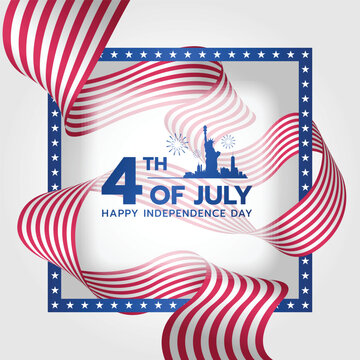 4th of july USA independence day - Text in blue frame with white start and red white USA national flag rolling around vector design