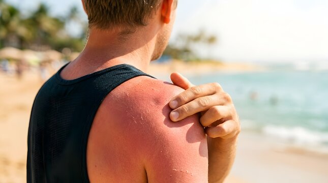 Male traveler checking painful sunburned shoulder on summer beach representing uv skin damage and neglected sun protection warnings