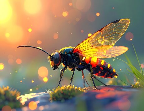 A wasp stands on a mossy rock with colorful bokeh background