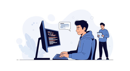 Fototapeta premium Young Developers Coding Together, Teamwork in Tech Industry, Software Development and Programming Concept