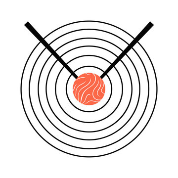 Circular target logo with yarn and knitting needles.