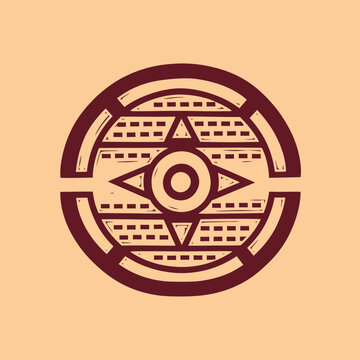 Circular tribal pattern logo with geometric elements on peach background.