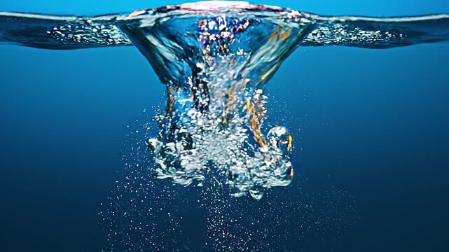 Slow motion underwater view of large shiny air bubbles rising and splashing at the water surface on a blue background.