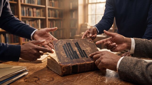 Diverse educators hands point at a redacted book in a library debating censorship and history