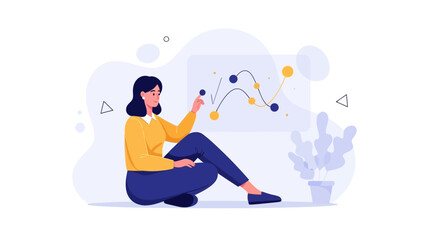 Obraz premium Woman Analyzing Data Graph with Colorful Lines and Dots, Business Analytics Concept Illustration