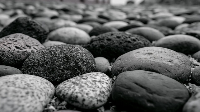 Black and white photograph of a pile of rocks. the rocks are of different sizes and shapes, with some being round and others being smooth.