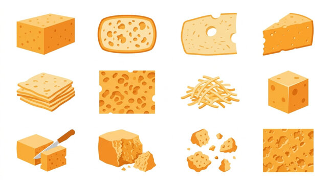 Collection of various cheese types and forms for culinary use.