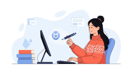 Fototapeta premium Young woman working on a computer with a stylus, surrounded by books and digital graphics, representing remote work or online learning.