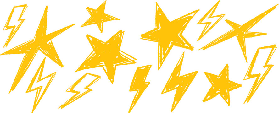 Hand Drawn Yellow Star And Lightning Bolt Set Vector Illustration, Grunge Textured Crayon Doodle Sparkle For Pop Art Streetwear, Retro Y2K Celestial Thunderbolt Creative Design Component