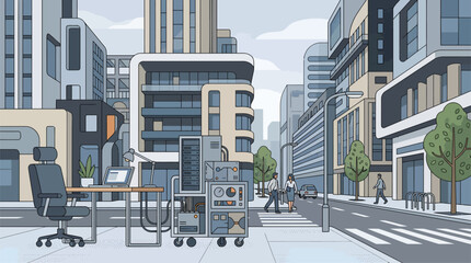 Modern city street scene with office furniture and buildings. © mest selda blessun