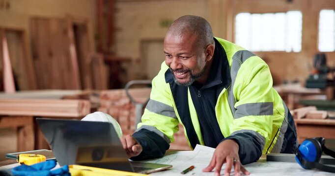 Architect, laptop or black man with blueprint for construction planning or development in workshop. Mature person, contractor or civil engineer with smile, papers or computer for architecture design