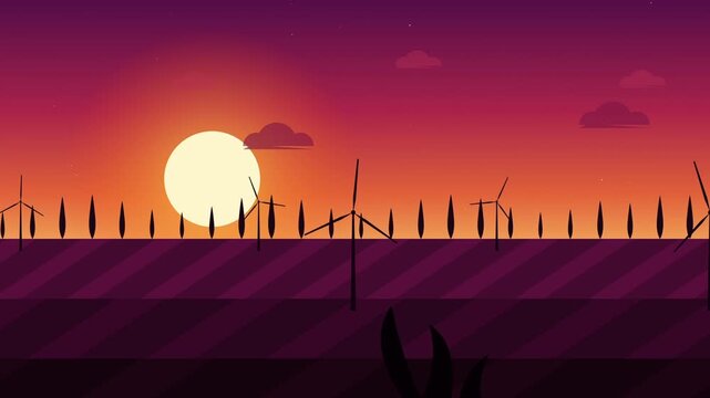 Sunset scene with wind turbines and fence in parallax animation style