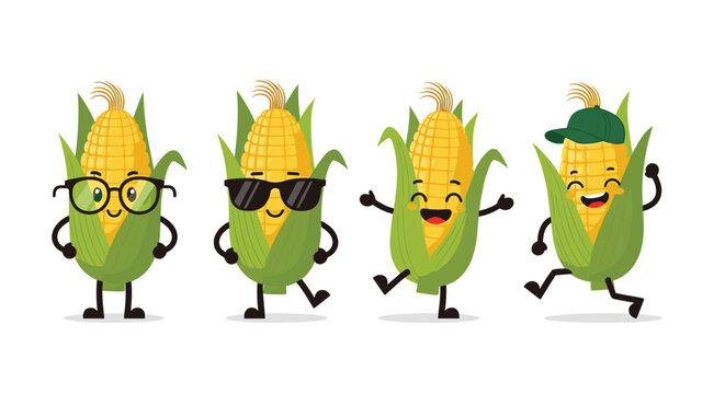 Group of four funny corn cob characters with various expressions wearing glasses, sunglasses, and a baseball cap.