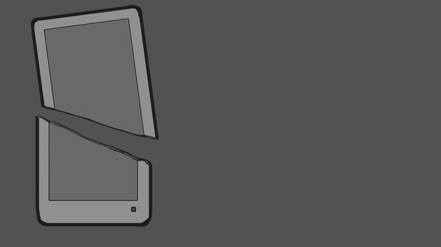 The smartphone or media device has broken into two halves and is now flashing with a broken screen.