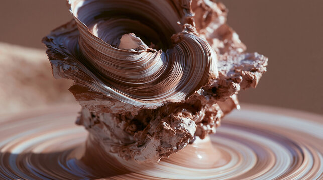 Close-up of a sculpture made of chocolate. the sculpture is in the shape of a spiral, with the top half of the sculpture being the largest and the bottom half being the smallest.