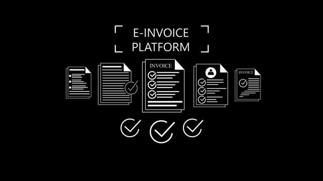 Digital e-invoice platform process invoices  and checkmarks symbolizing approval and documentation accuracy Gluon. 4k animation video on black background.