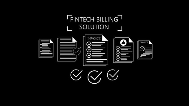 Digital fintech billing solution process invoices  and checkmarks symbolizing approval and documentation accuracy Gluon. 4k animation video on black background.