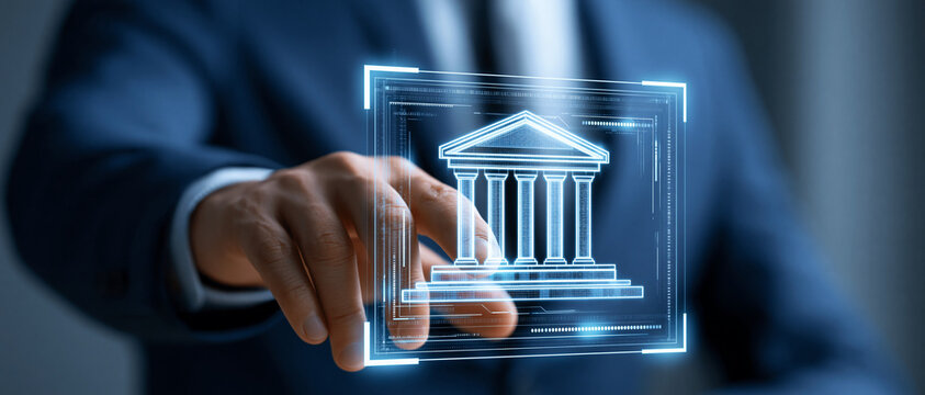 Neoclassical building with columns displayed on a glowing digital interface futuristic technology concept architecture classical temple structure facade frontage display