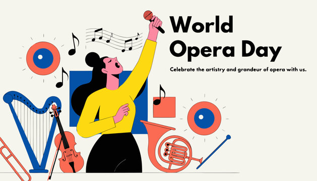 World Opera Day, opera celebration, music icons, singer illustration, musical instruments