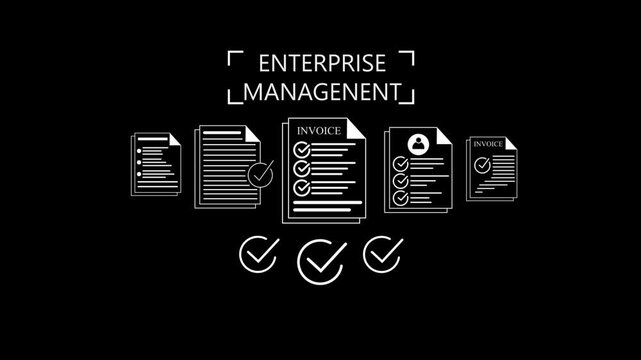 Digital enterprise management  process invoices  and checkmarks symbolizing approval and documentation accuracy Gluon. 4k animation video on black background.