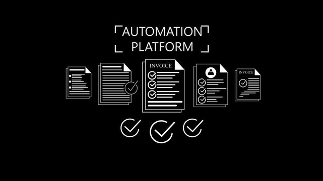 Digital automation platform  process invoices  and checkmarks symbolizing approval and documentation accuracy Gluon. 4k animation video on black background.