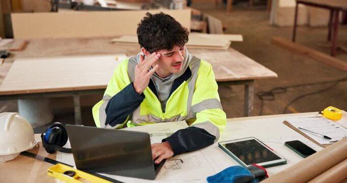Man, architect and headache at workshop with laptop, glitch and design error for architecture. Male person, migraine or pc with technical issues, safety concern and project rejection for construction