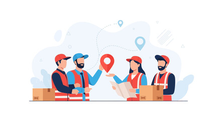Fototapeta premium Delivery Team Planning Route with Map and Location Pins, Logistics and Shipping Concept