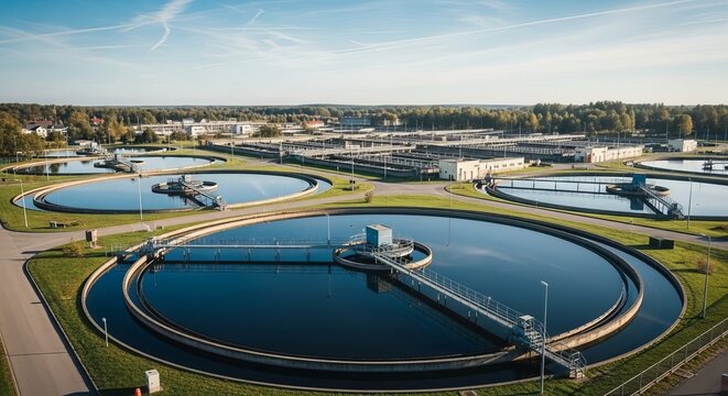 A vast industrial water treatment facility with circular clarification pools under a clear blue sky