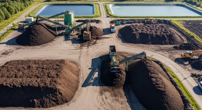 Aerial view of a large industrial composting facility with machinery processing organic waste into fertilizer for agriculture.