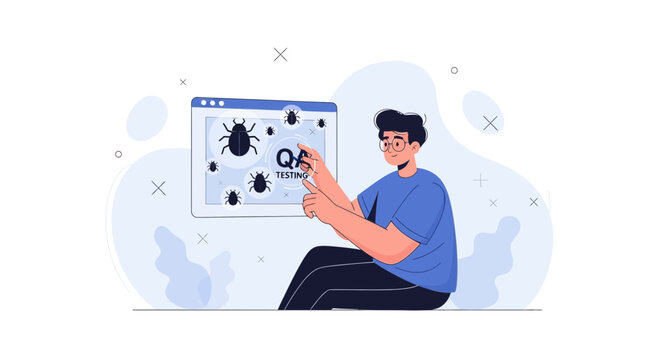 QA Testing: Person analyzing software bugs on a computer screen, digital illustration for quality assurance and development concepts.