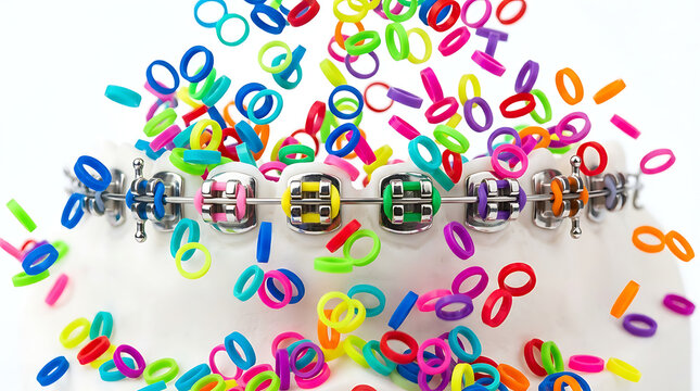 Closeup of Dental Braces with Colorful Elastic Ties Falling Around. Vibrant Conceptual Image for Orthodontic Treatment, Patient Choice, and Bright Smiles on White Background