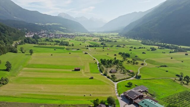 Beautiful aerial panorama of Tarrenz Austria highlighting alpine architecture dramatic mountain scenery and picturesque valley landscapes for tourism