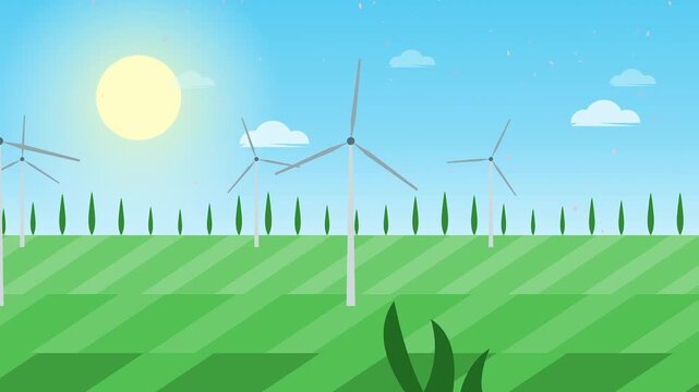 Green field with wind turbines under sunny sky with parallax animation effect