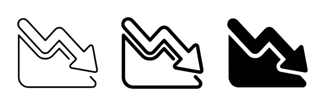 Down Trend Graph Icons, Stock Market Decline, Financial Crisis, Business Loss, Negative Growth, Recession, Data Analysis, Vector Set