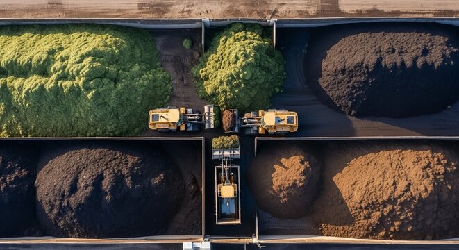 Aerial view of a large-scale composting facility with heavy machinery processing organic waste materials into rich soil.