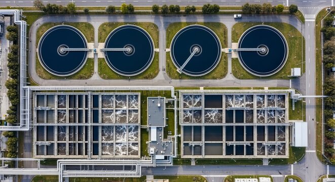 Aerial View of a Large-Scale Water Treatment Facility with Circular Tanks and Industrial Buildings