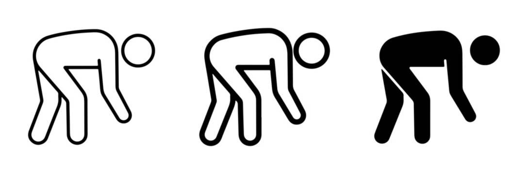Three stylized human figures in a bent-over pose, representing action, effort, or preparation; icon set with outline and solid fill variations.