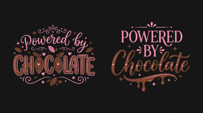 Powered by Chocolate Typography Quote Set with Cocoa Beans and Sweet Dessert Lettering