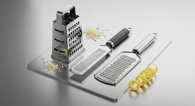 Kitchen grater and cheese on tray.