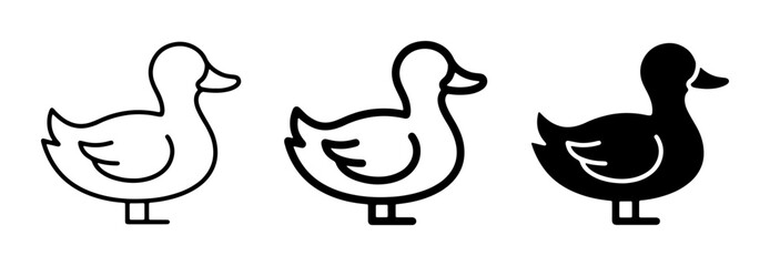 Obraz premium Duck Icons Set: Simple Line Art and Solid Silhouette, Vector Graphics for Wildlife and Nature Themes
