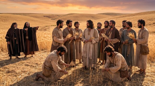 Jesus Christ and his disciples plucking ears of wheat in a field while Pharisees point accusingly, illustrating the Biblical scene of plucking grain on the Sabbath.
