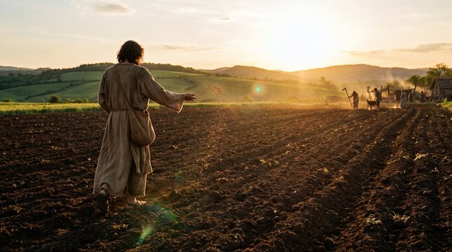 Jesus Christ seen from behind wearing a rustic robe and shoulder bag scattering seeds onto tilled soil in a vast field at sunset, illustrating the Parable of the Sower.
