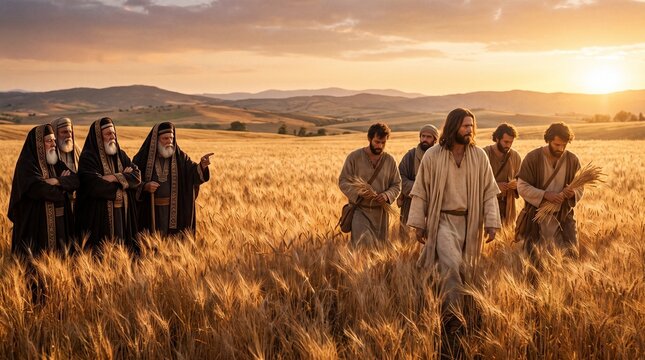 Jesus Christ leading his disciples through a golden wheat field at sunset while Pharisees watch and point accusingly, representing the Biblical scene of plucking grain on the Sabbath.