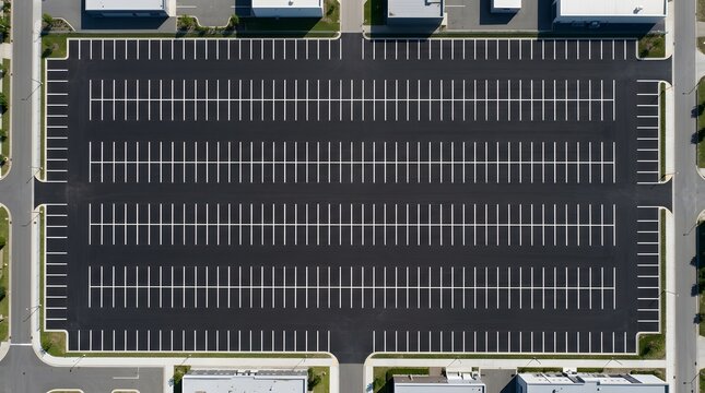 Spacious empty parking lot from above, featuring many clearly marked vacant spaces