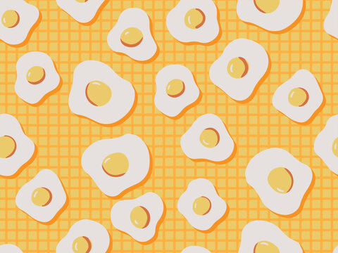 Cute fried eggs seamless pattern vector on yellow grid background.