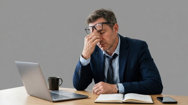 Tired businessman in suit sitting at desk with laptop feeling stressed and exhausted while working in office environment