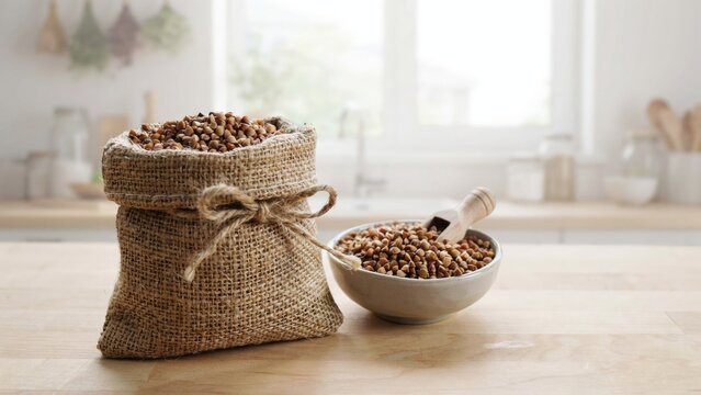 Burlap sack filled with buckwheat groats and a small bowl on a wooden table