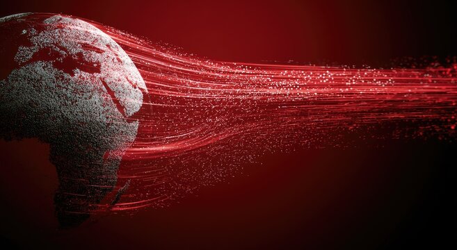 Textured globe dispersing into red light trails and particles